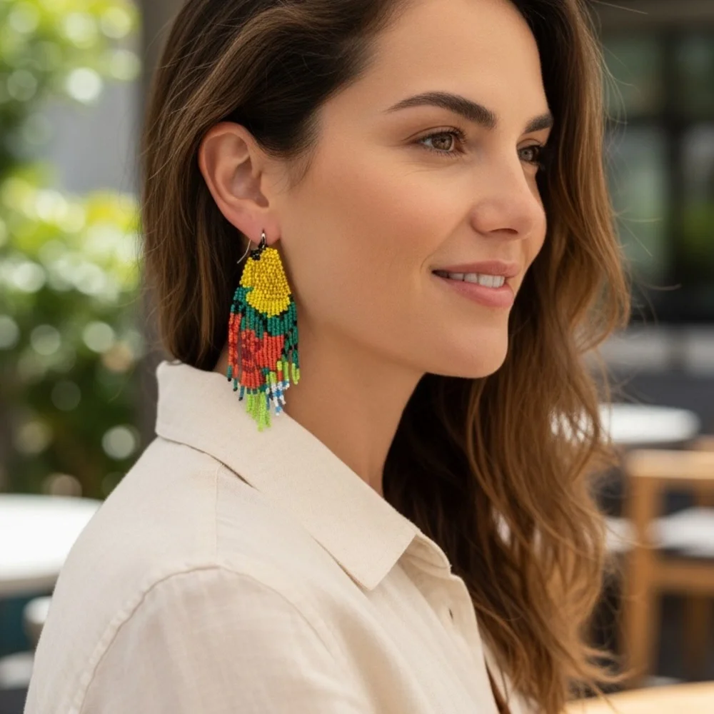 Colorful Floral Yellow and Red Roses Beaded Earrings